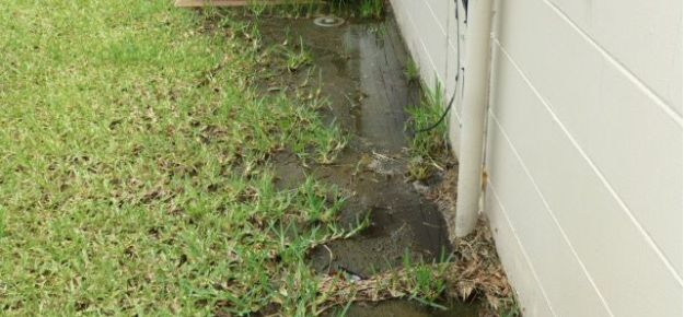 water pooled on the ground next to a building's foundation